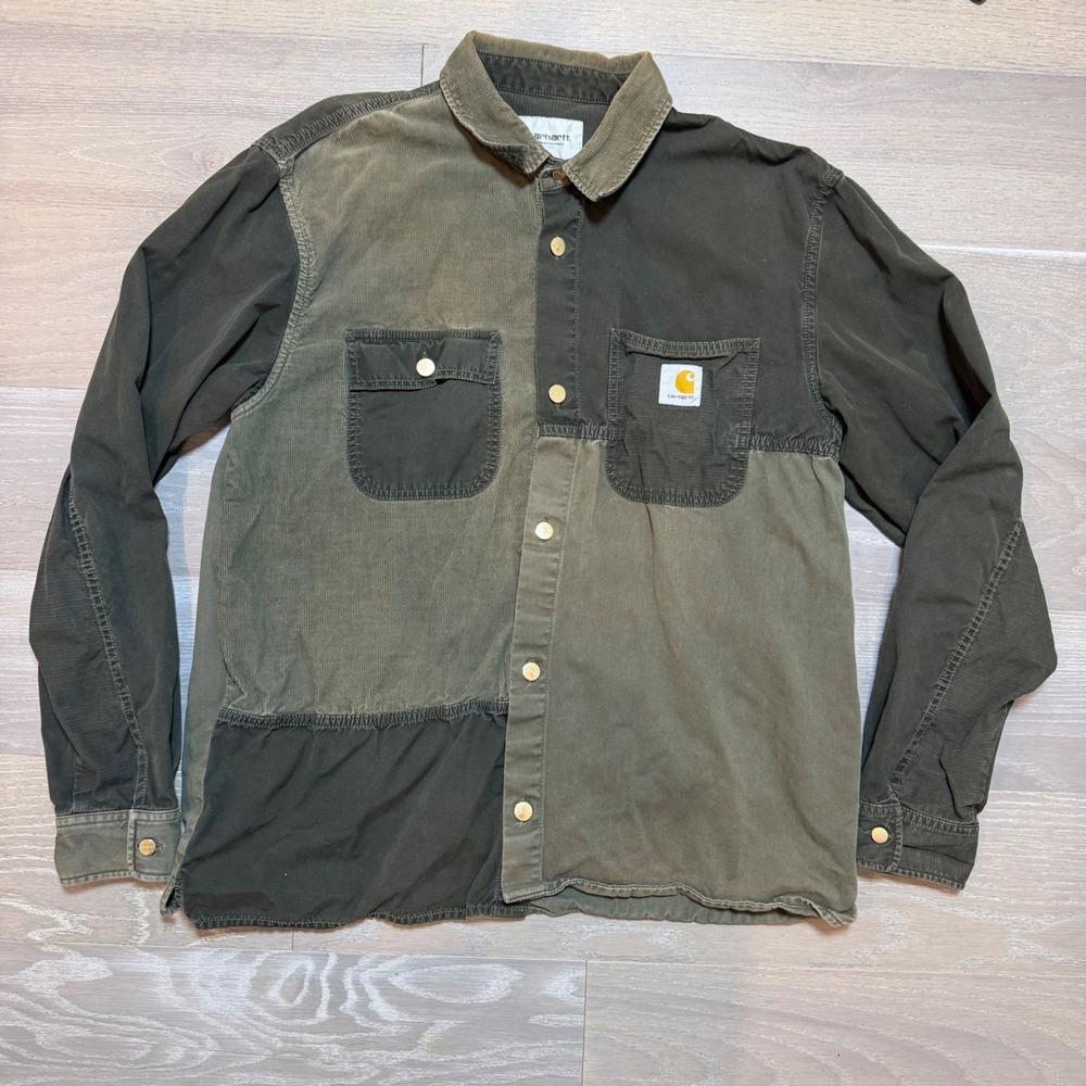Carhartt WIP Mens XL Medley Patchwork Corduroy Canvas Ripstop Shirt Green